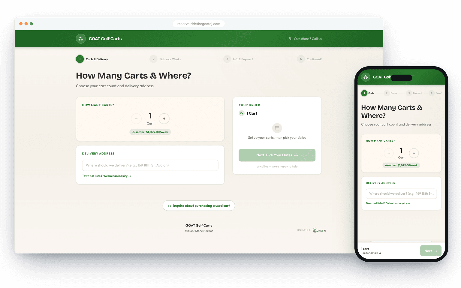 GOAT reservation flow on desktop and mobile